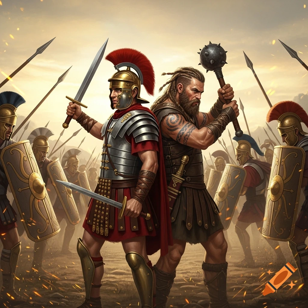 A Roman soldier and a bearded Gaul warrior stand back-to-back, armed with swords and a mace, on an ancient battlefield with other warriors.