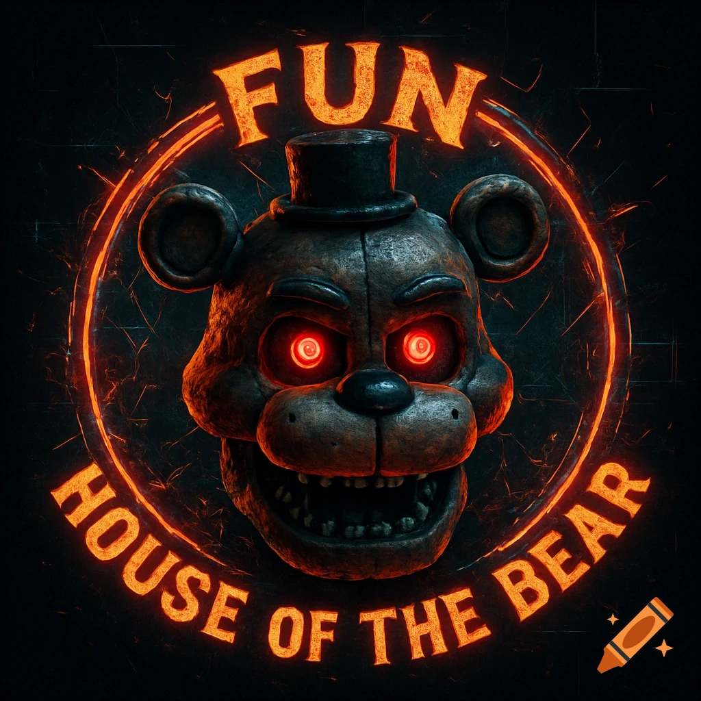 A gritty, stylized animatronic bear head with glowing red eyes and top hat, surrounded by neon text 'FUN HOUSE OF THE BEAR'.