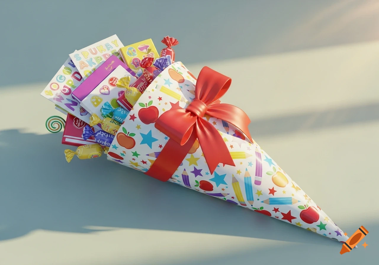A colorful, illustrative school cone (Schultüte) filled with candies and school supplies, tied with a red bow.