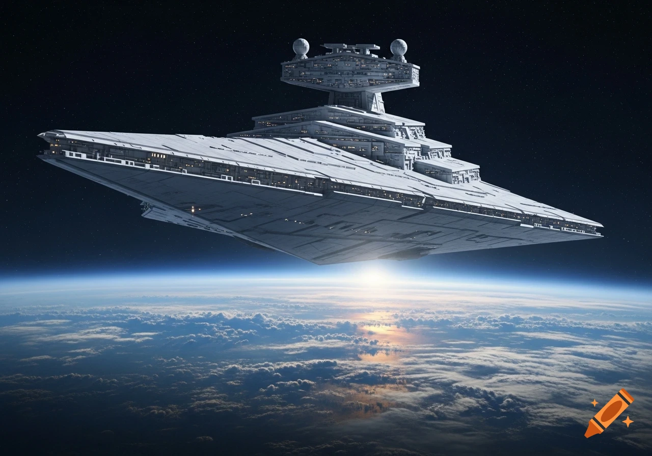 A detailed, photorealistic Star Destroyer spaceship hovers in dark space above a cloud-covered planet, with a bright sun peeking over the horizon.