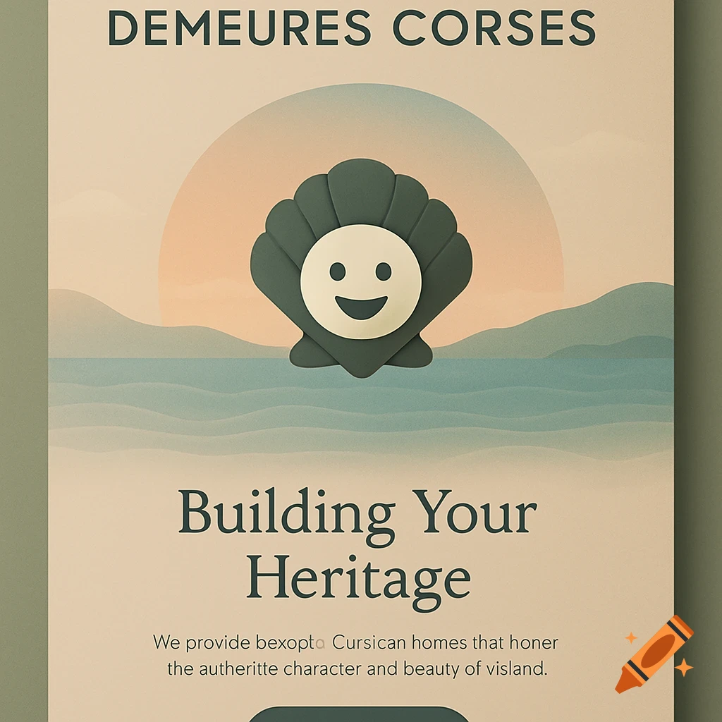A minimalist website interface with a green seashell featuring a smiley face. The text reads "DEMEURES CORSES" and "Building Your Heritage" above a paragraph of partially garbled text, set against a background of a sunrise over mountains and ocean waves.