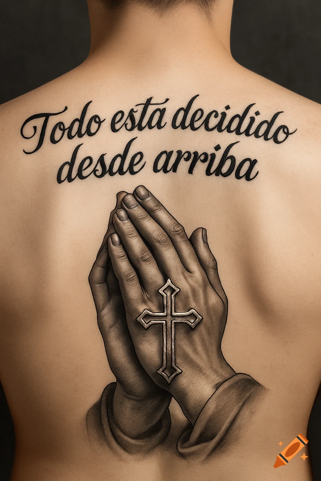 Black and grey tattoo on a person's back featuring praying hands holding an Orthodox cross, with Spanish text above.