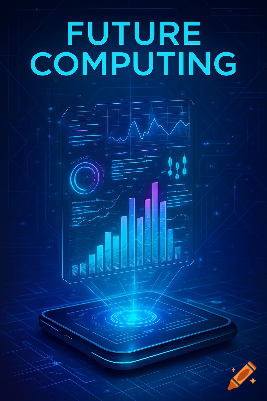 A holographic display projecting glowing blue and purple data charts from a device on a circuit board background, with "FUTURE COMPUTING" text.