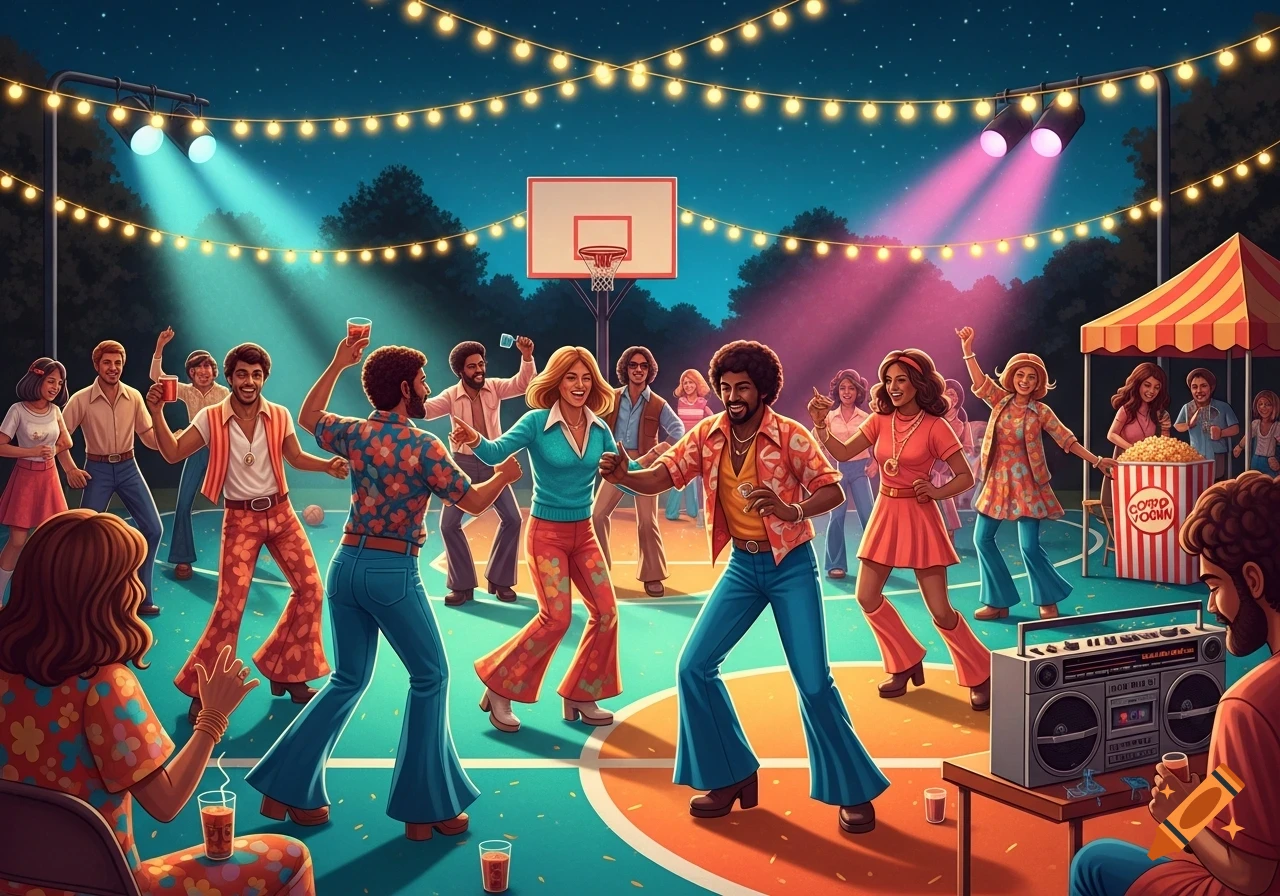 A vibrant retro 1970s disco party with people in bell bottoms and patterned shirts dancing on a basketball court under string lights at night.