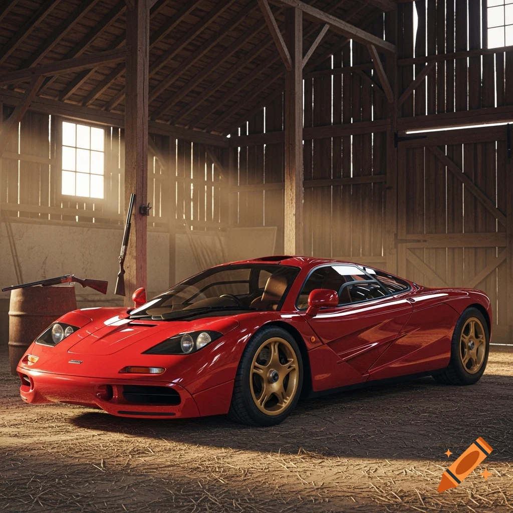 A red McLaren F1 supercar with gold wheels sits in a rustic wooden barn with sunlight streaming in, next to two rifles leaning against a barrel.