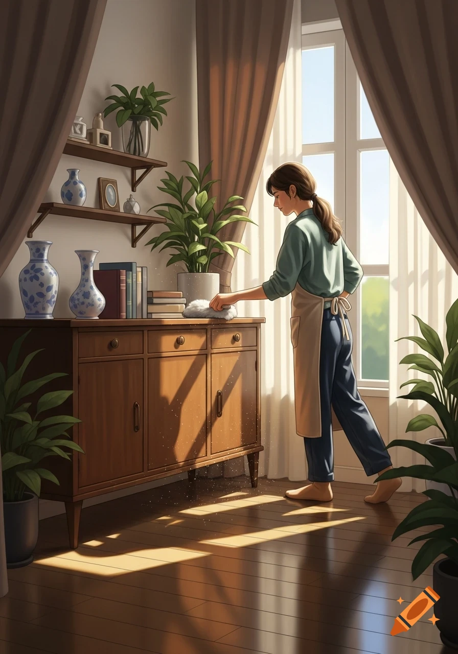 A stylized illustration of a woman in an apron dusting a wooden cabinet in a sunlit room filled with plants and vases.