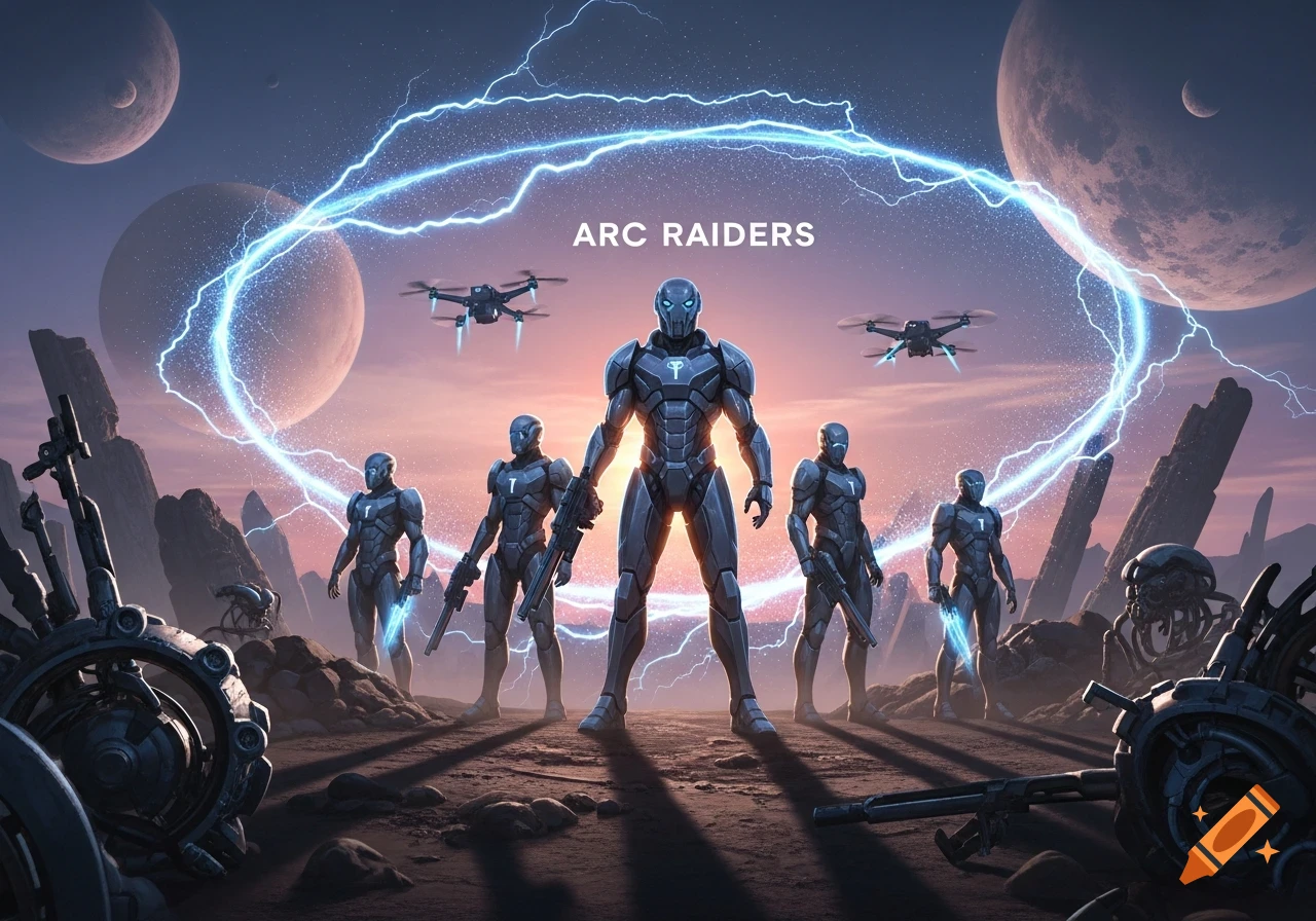 Armored sci-fi warriors and drones under a glowing arc on an alien planet with large moons in a dramatic landscape.