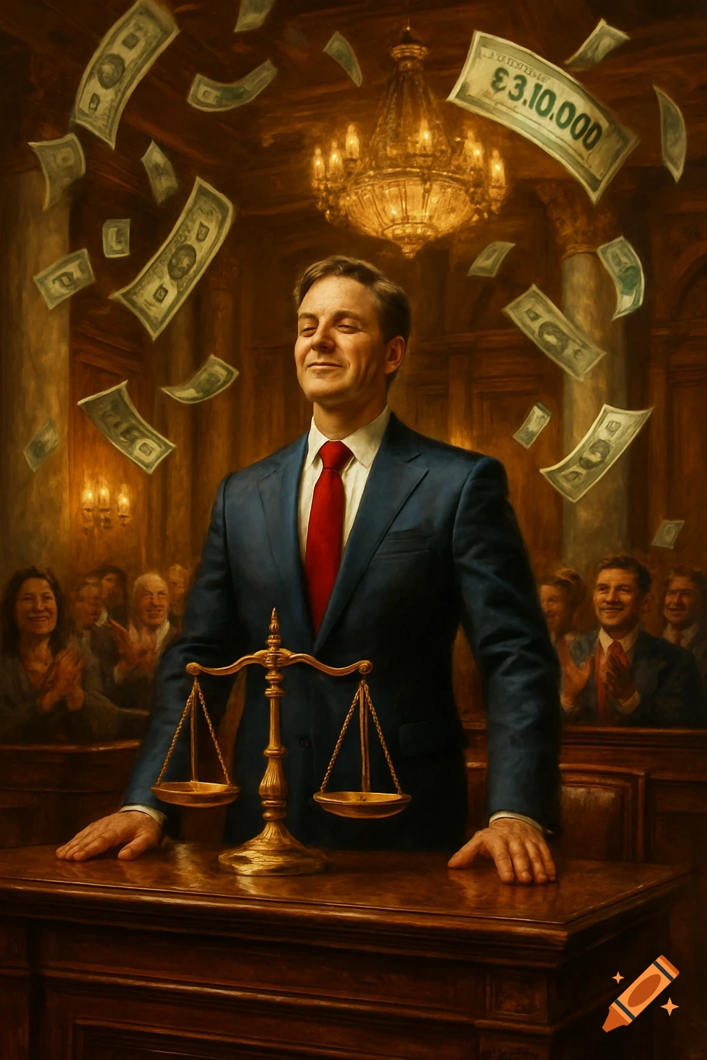 A lawyer in a suit smiles as money rains down in a grand courtroom, with a scale of justice on the table.