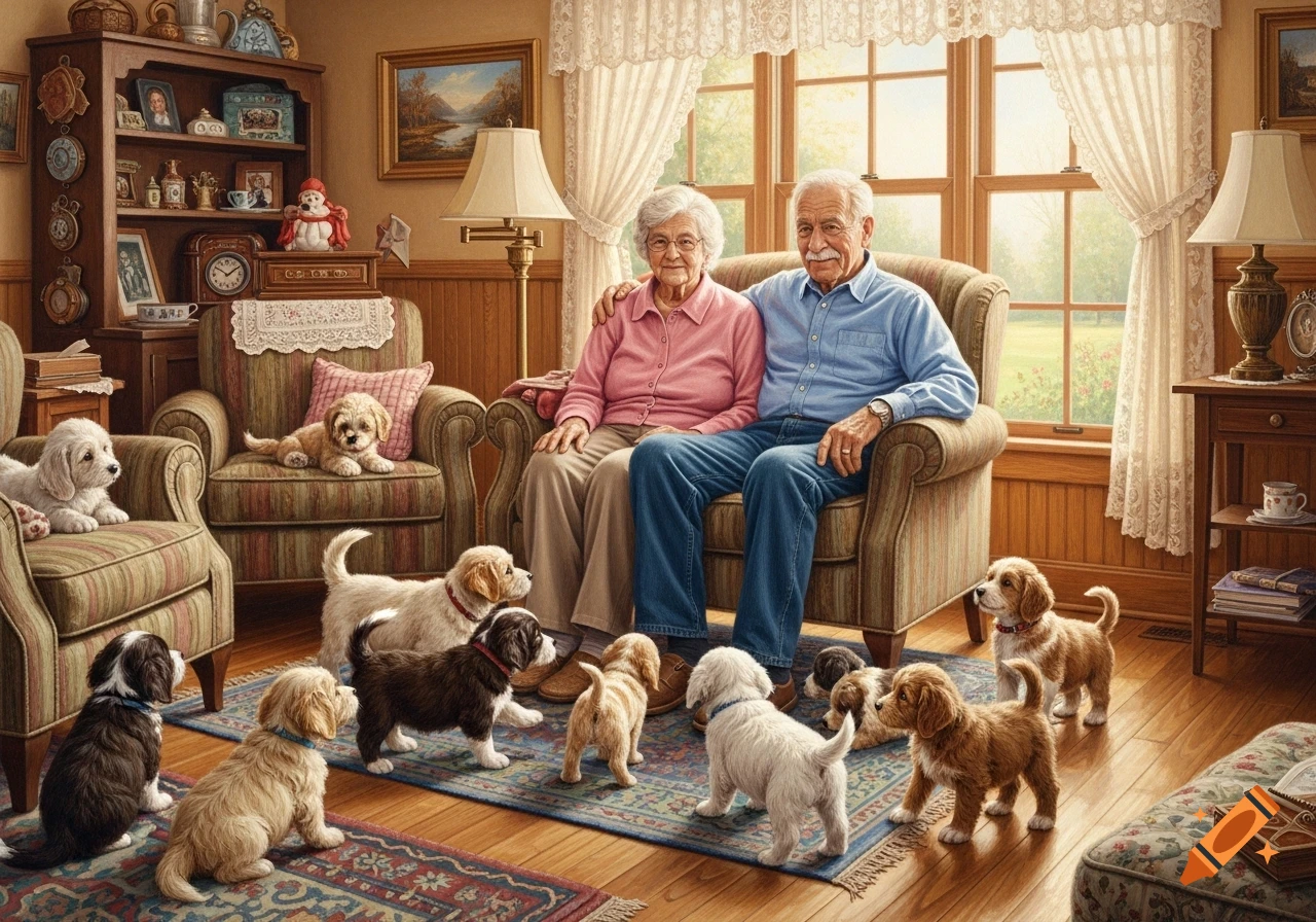 An elderly couple sits in a cozy living room, smiling, surrounded by numerous playful puppies on the rug and chairs.