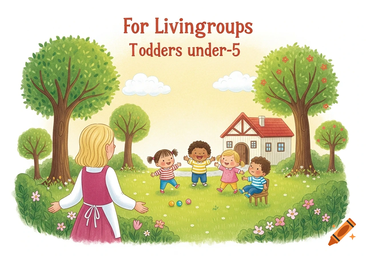 A blonde woman watches four diverse toddlers playing with colorful balls in a grassy garden in front of a house, in a children's book illustration style.