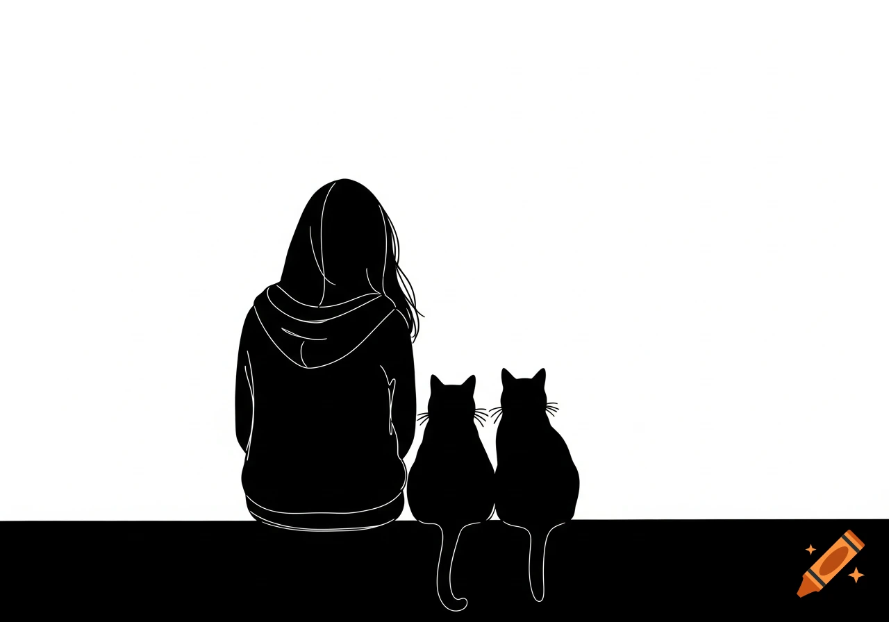 A minimalistic black silhouette of a girl in a hoodie and two cats sitting on a ledge, viewed from behind.