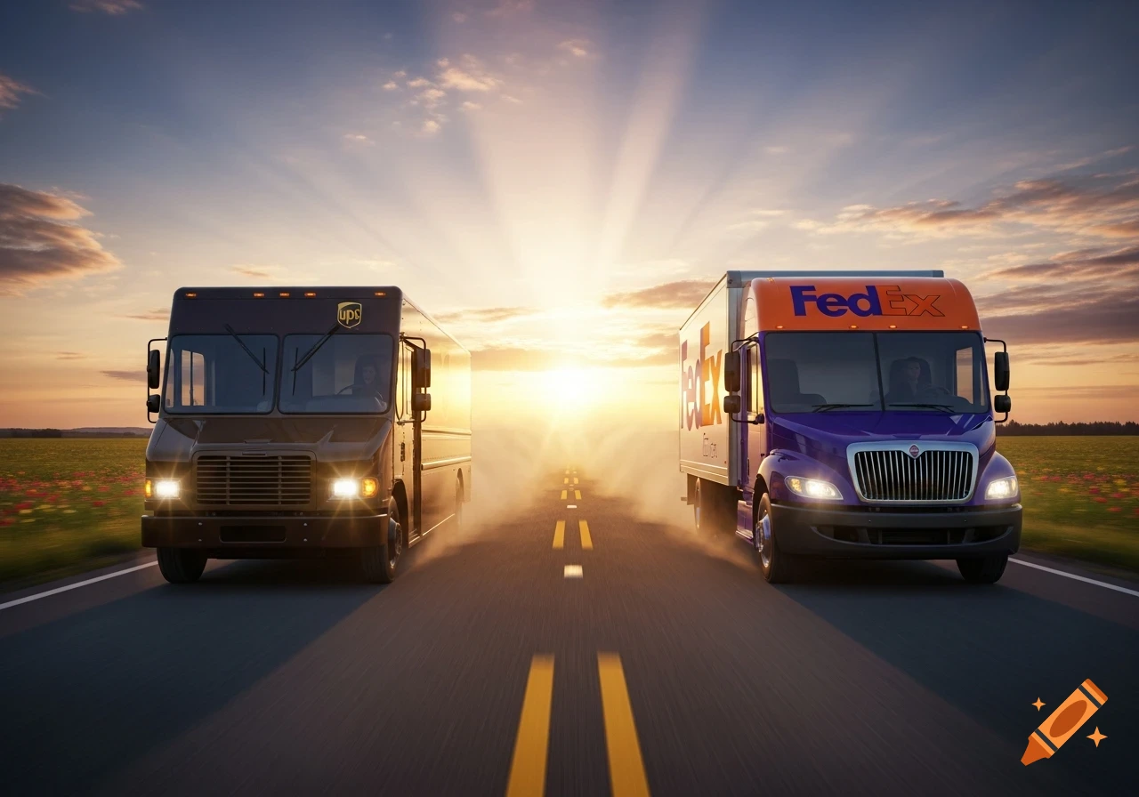 Two UPS and FedEx delivery trucks race towards the viewer on a highway at sunset, with golden light beaming.