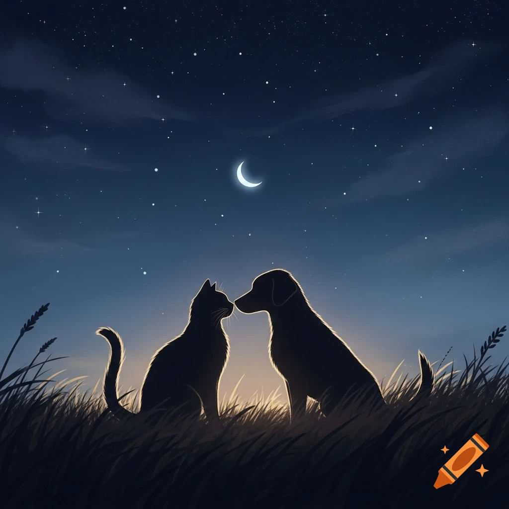 Silhouette of a cat and a dog sitting in grass under a starry night sky with a crescent moon.