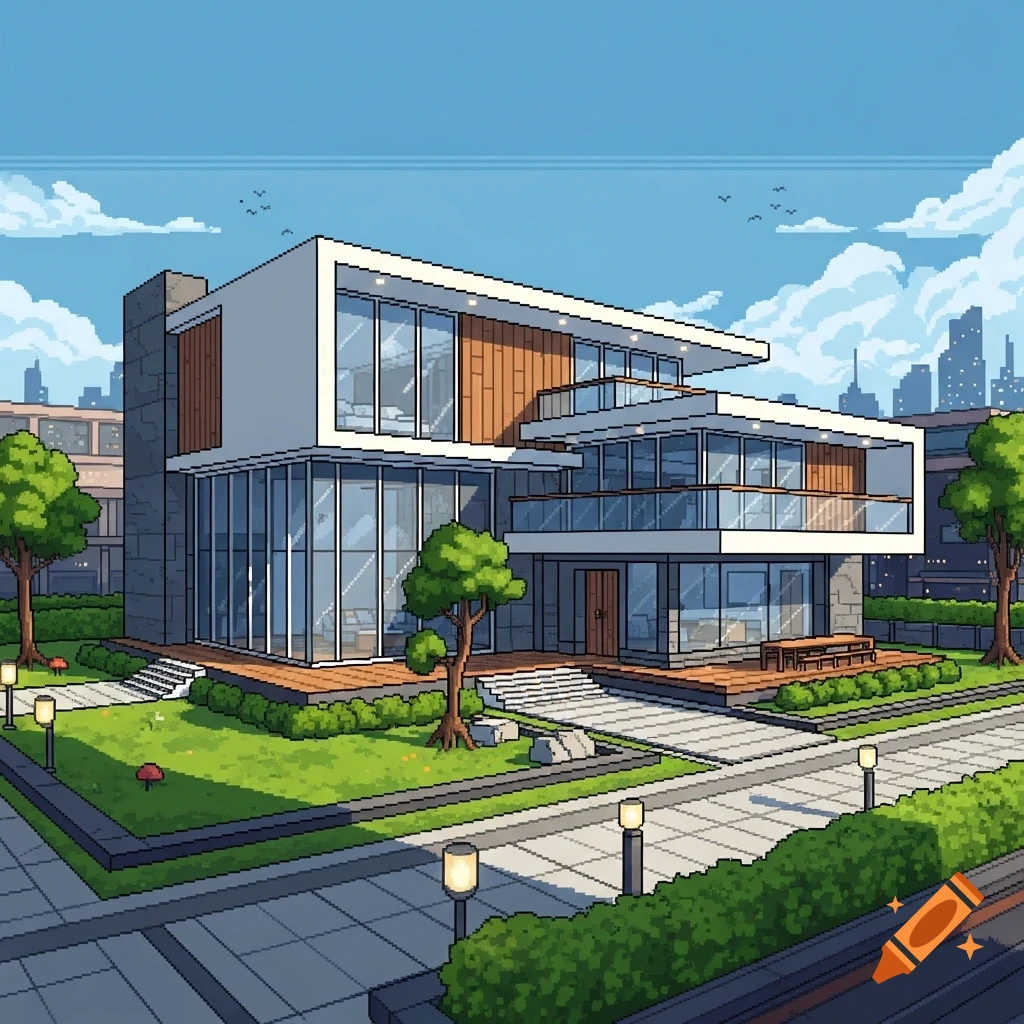 Modern pixel art house with large windows, balconies, green lawns, trees, and a city skyline in the background.