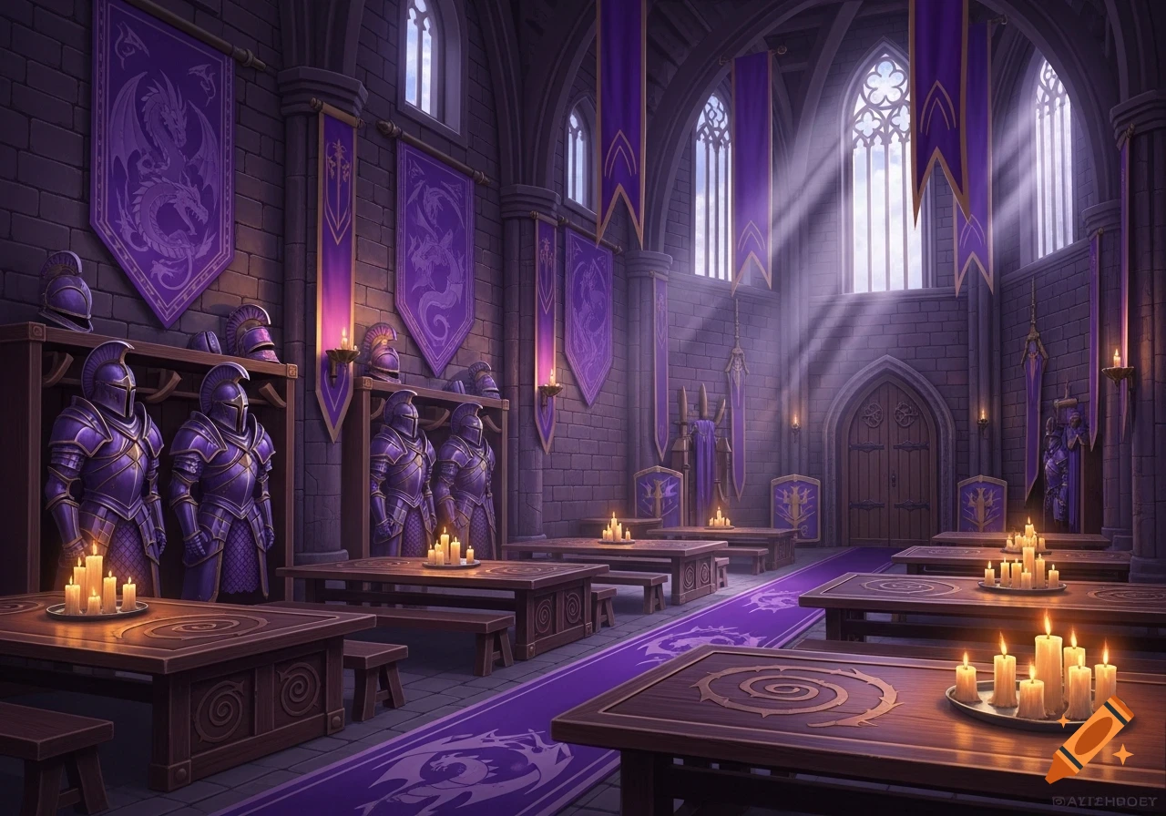 A grand purple castle hall with knight armor displays, dragon banners, wooden tables with lit candles, and light streaming through tall windows.