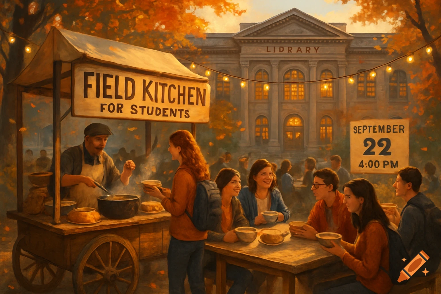 A vibrant painting depicts students at a "Field Kitchen" food stall in front of a grand library with a sign reading "September 22, 4:00 PM" under warm autumn trees and string lights.