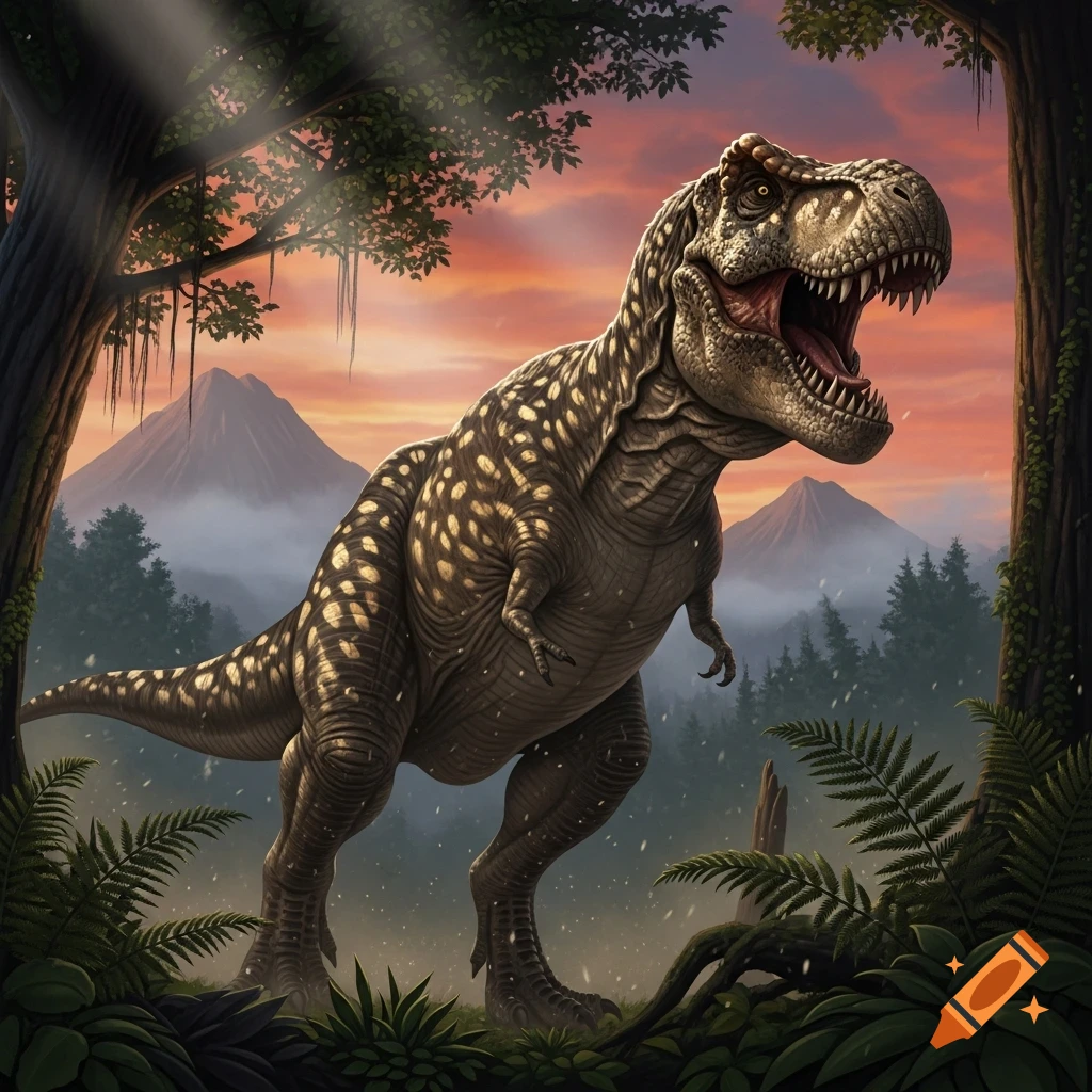 A detailed illustration of a T-Rex roaring in a prehistoric jungle, with mountains and an orange sunset in the background.