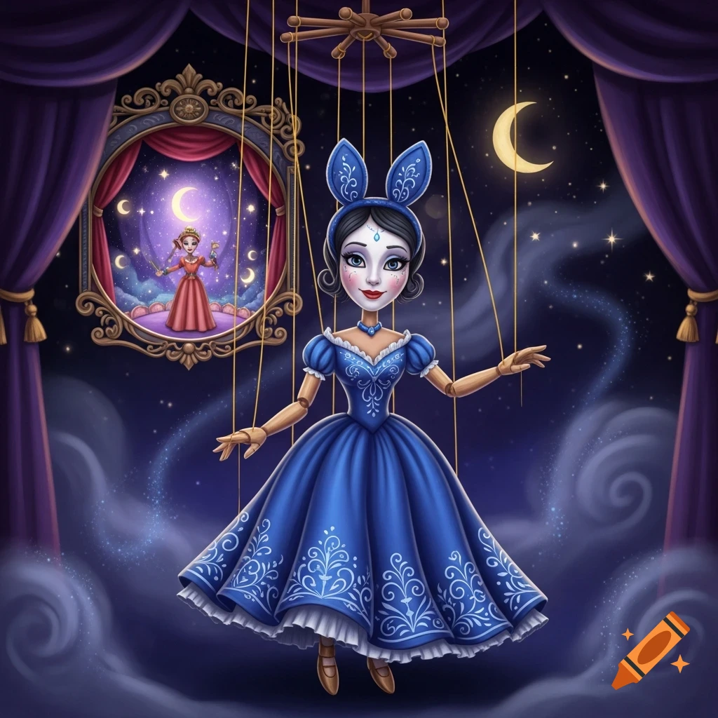 A puppet in a blue dress and bunny ears hangs on a stage with purple curtains, with a mirror reflecting another character under a crescent moon.