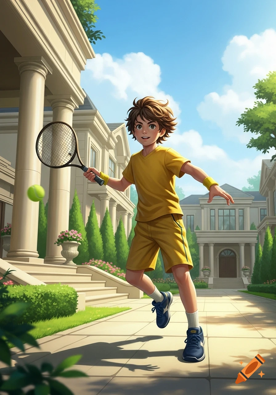 An anime boy in a yellow tennis outfit is playing tennis outdoors, surrounded by luxurious houses under a blue sky.