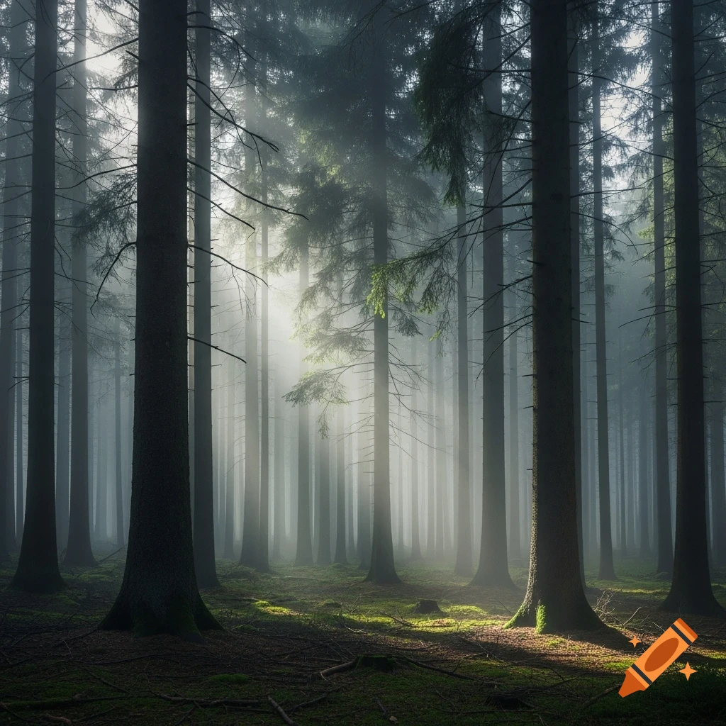 Photorealistic misty coniferous forest with sun rays filtering through ...
