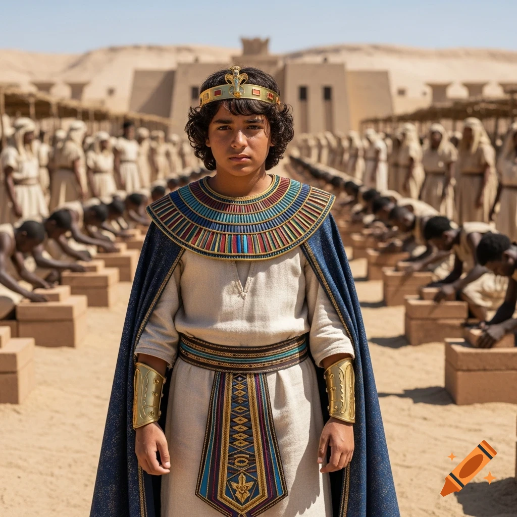 A young Egyptian prince with a gold crown and elaborate attire stands in a desert work camp with laborers and ancient buildings.
