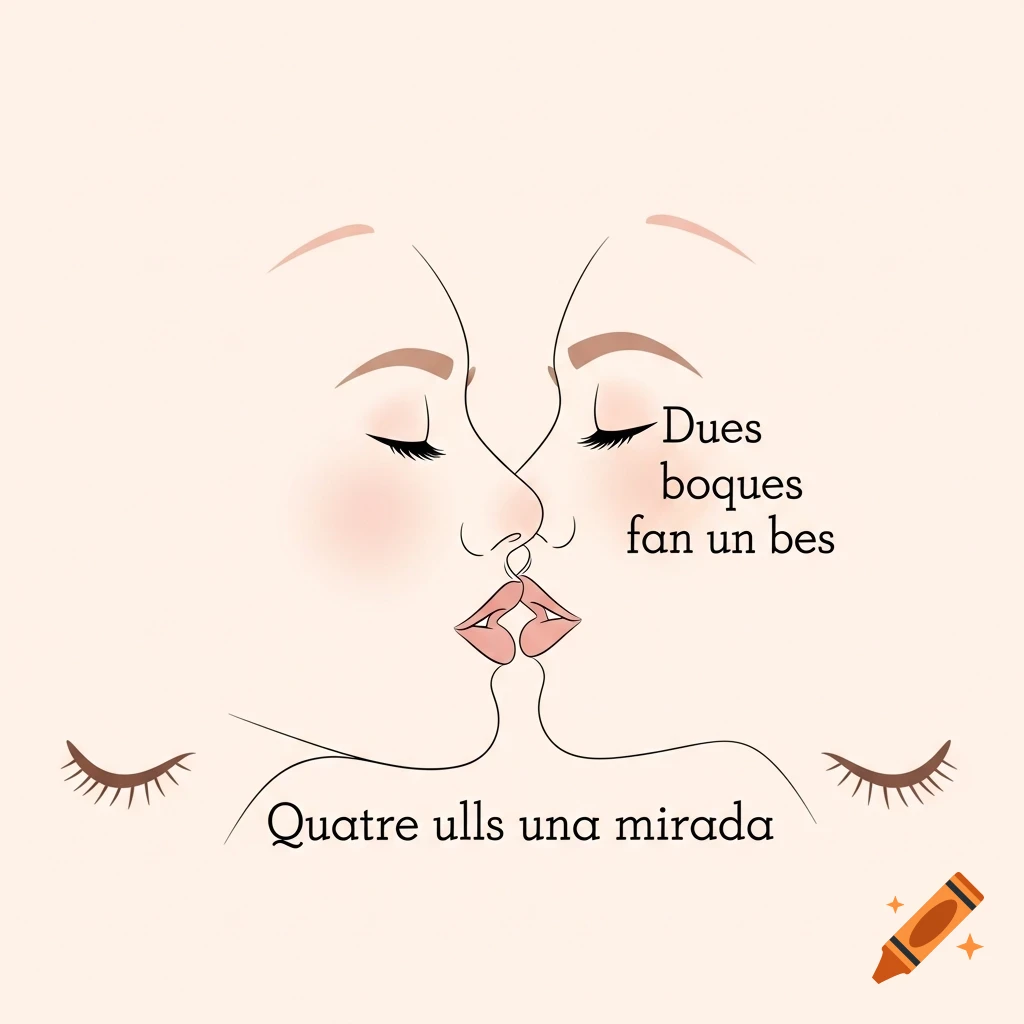 Minimalist line art of two faces nearly kissing, with Catalan text about two mouths making a kiss and four eyes a gaze.