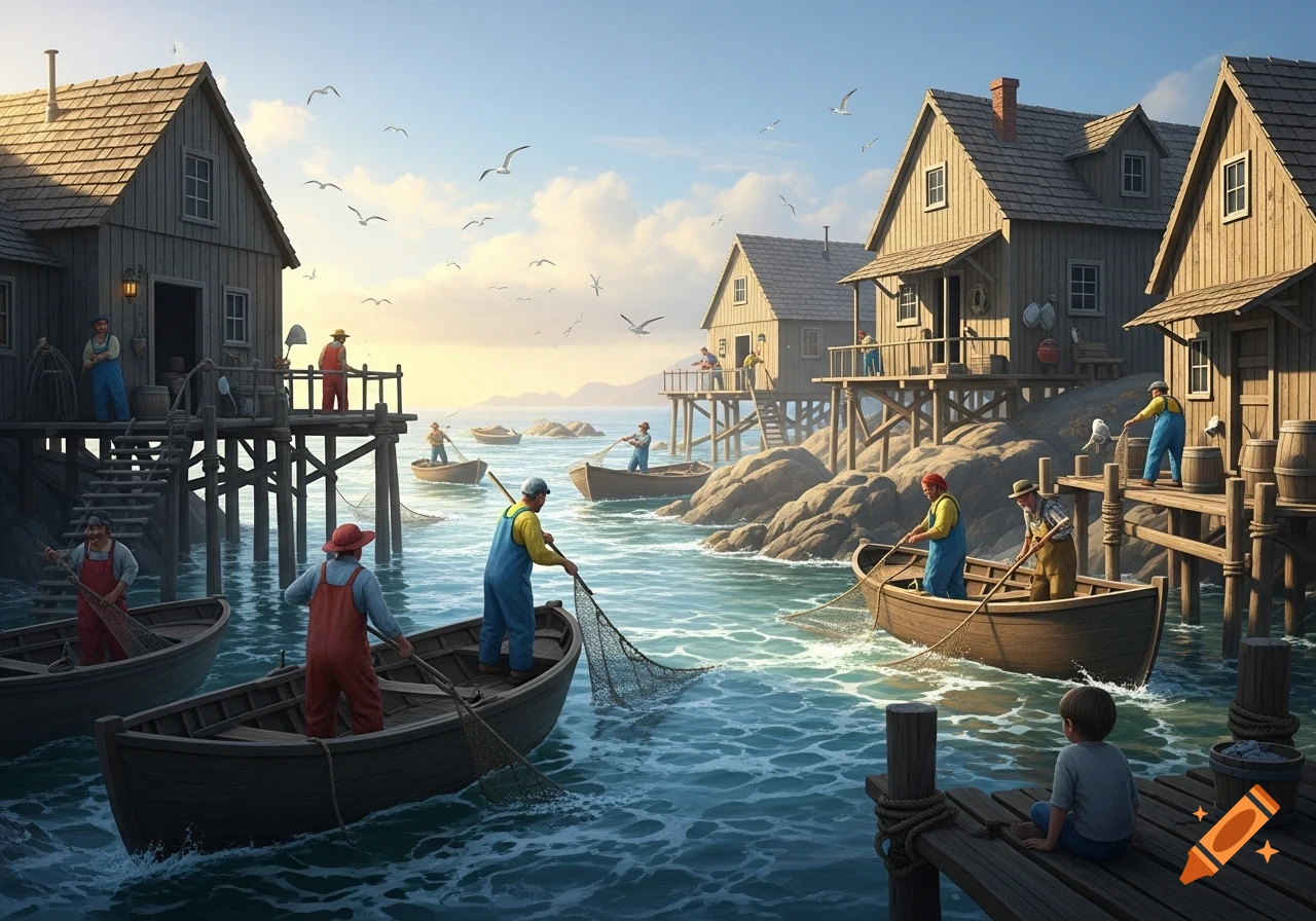A bustling fishing village with wooden houses over calm water, showing fishermen in boats with nets and a child on a pier.