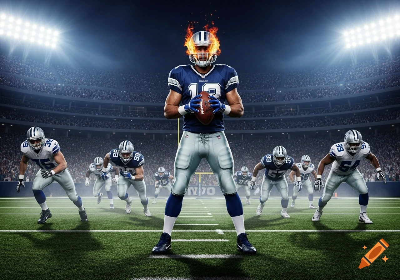 A powerful football player in a blue Dallas Cowboys uniform with a flaming helmet holds a football on a stadium field, surrounded by teammates ready for action.
