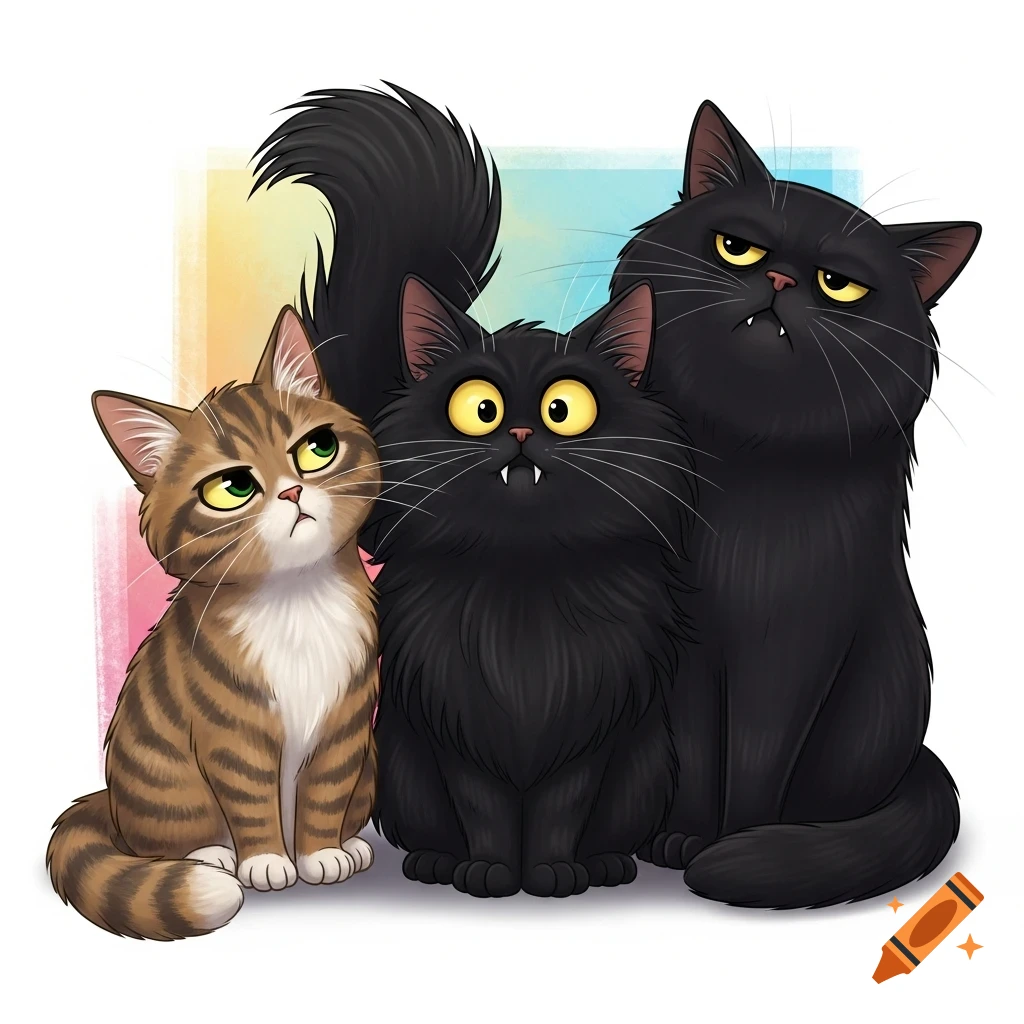Three cartoon cats with exaggerated expressions. A tabby cat on the ...