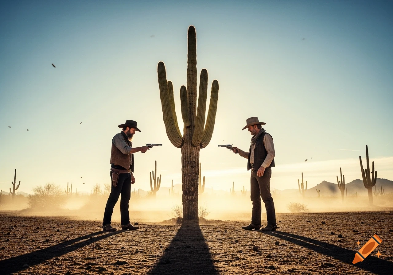 Two cowboys face each other with revolvers drawn in a dusty desert at sunset, with a large saguaro cactus between them.