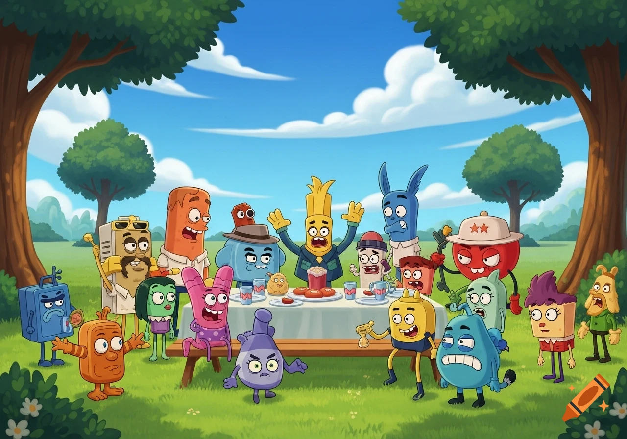 A large group of colorful, quirky cartoon characters gathered around a picnic table in a sunny grassy park.