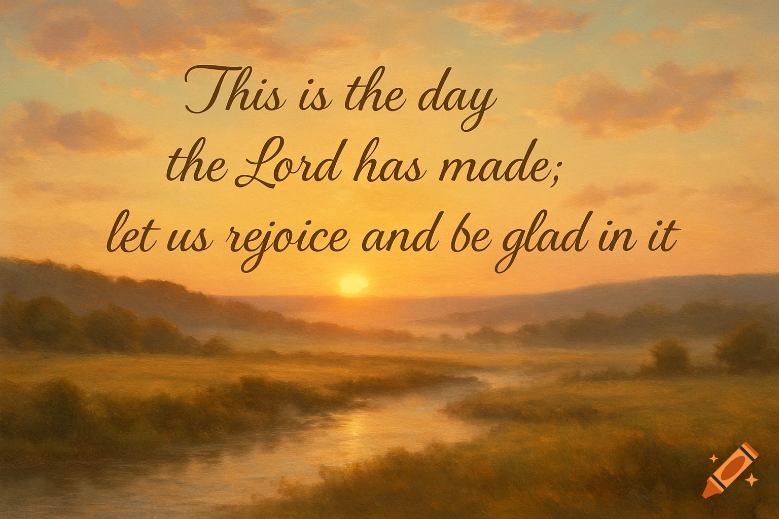 A painterly sunrise over a misty river landscape with the inspirational quote "This is the day the Lord has made; let us rejoice and be glad in it."