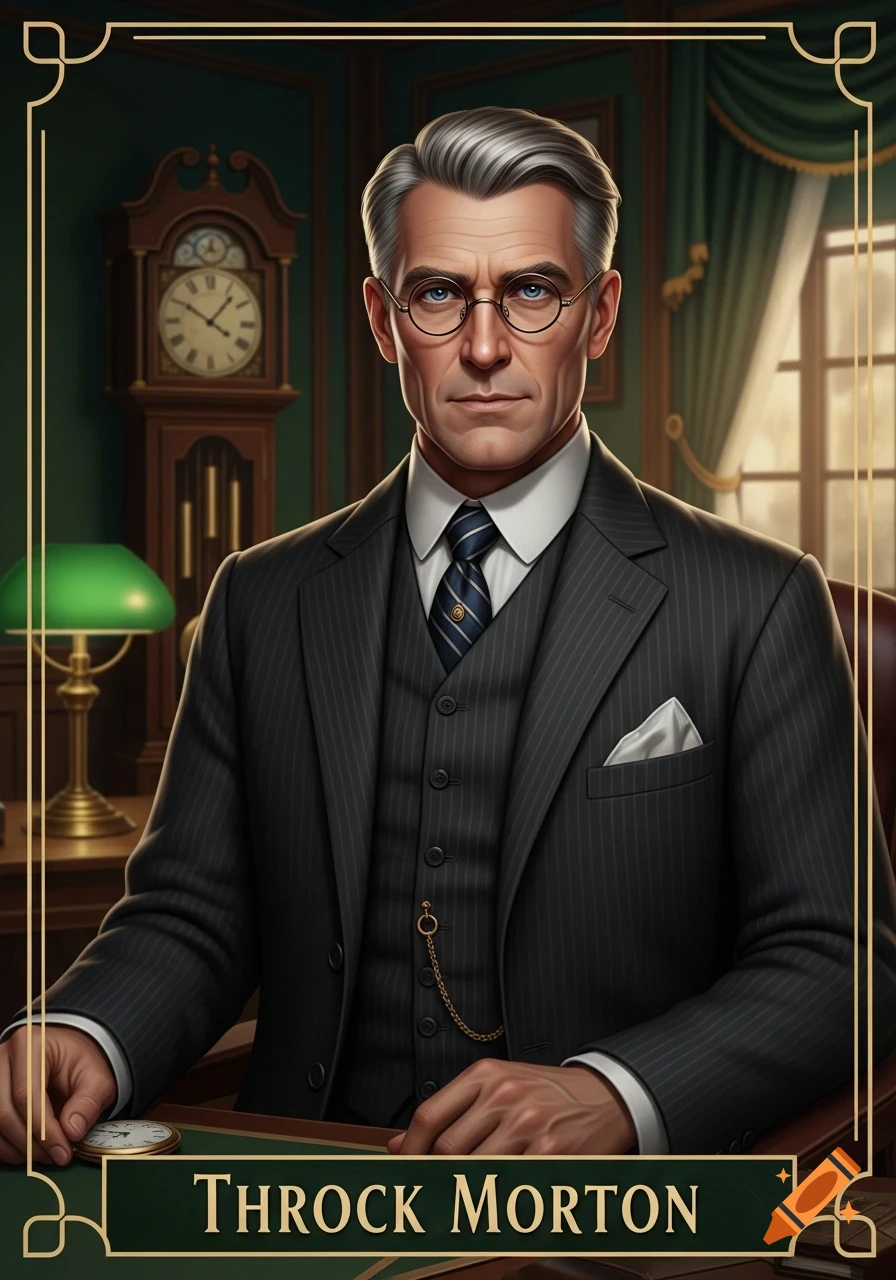 A distinguished grey-haired man in a pinstripe suit and glasses, seated in a vintage-style room with a grandfather clock, framed by a gold border.