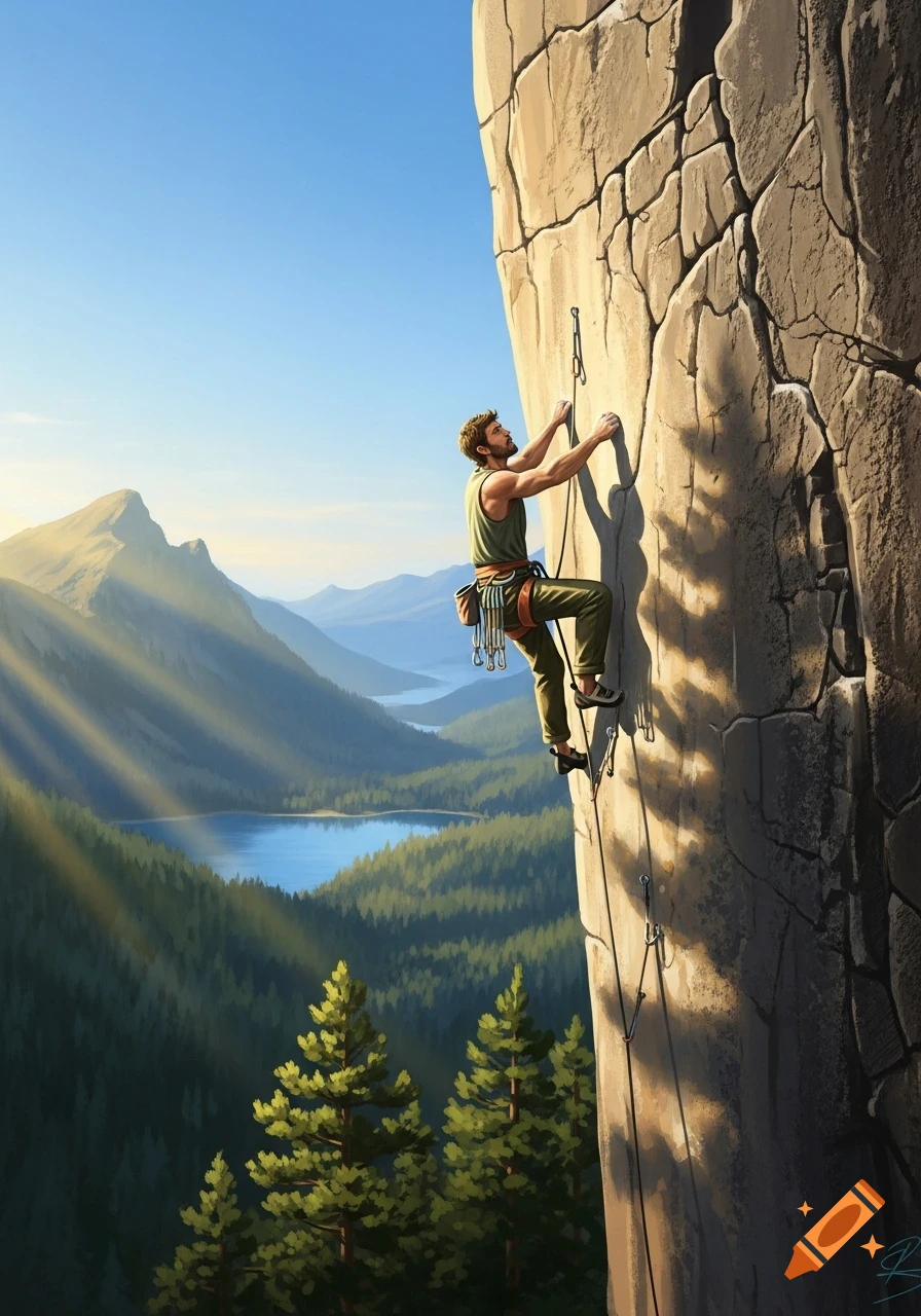 A man free solo rock climbs a huge cliff face overlooking a vast mountain range, forest, and lake under a clear sky.