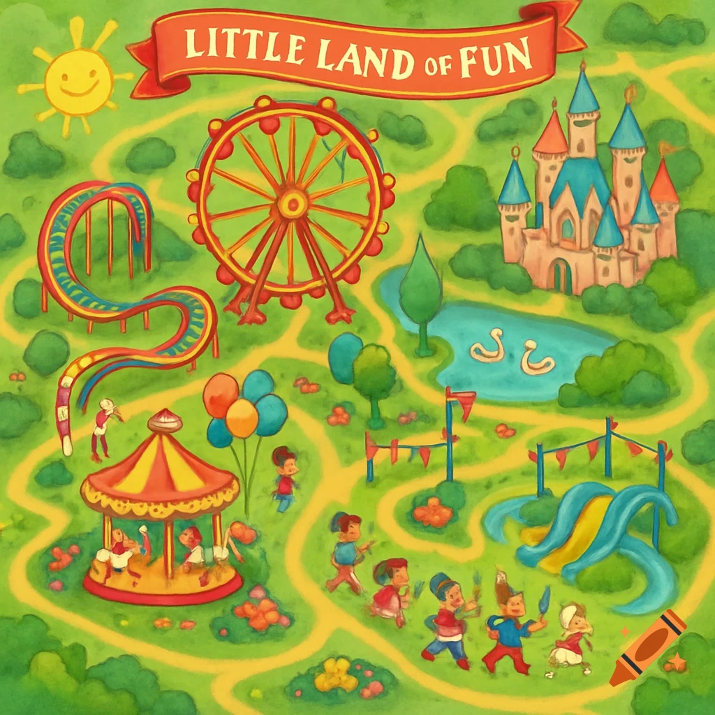 Cartoon map of 'Little Land of Fun' theme park with a castle, Ferris wheel, roller coaster, and children playing.