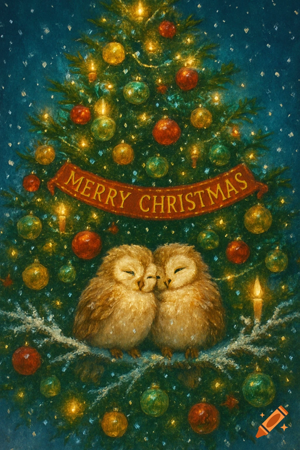 Two fluffy owls huddle on a snowy branch in front of a decorated Christmas tree with a 'Merry Christmas' banner in a painterly style.
