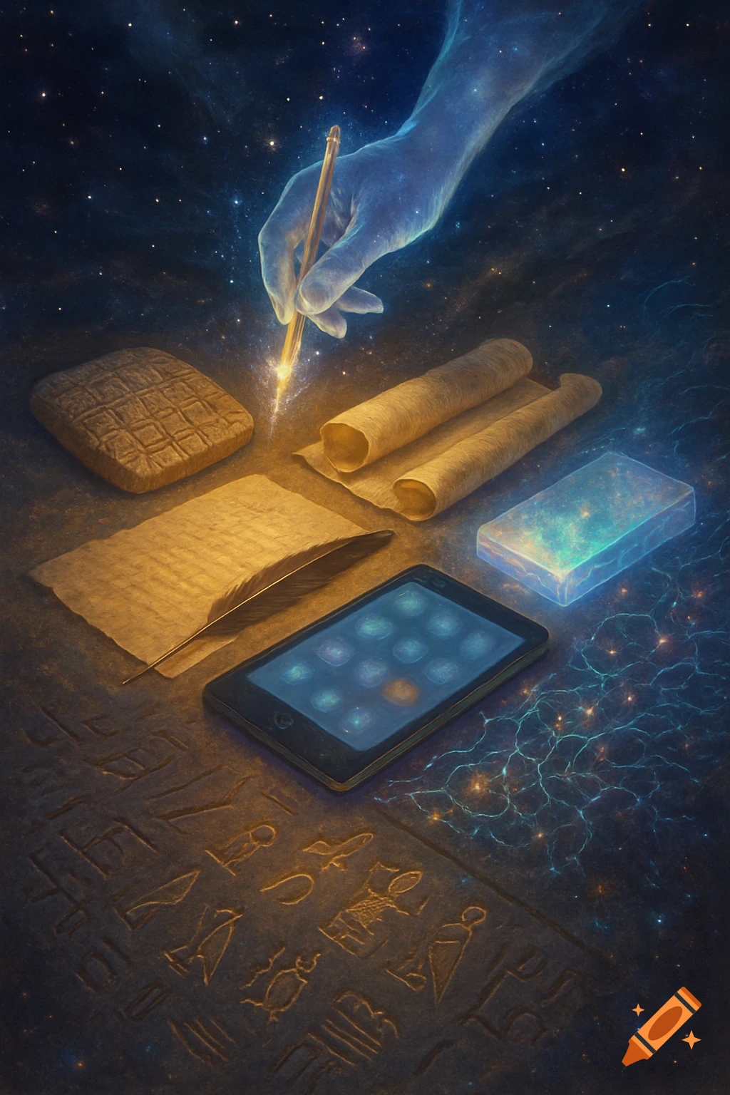 A celestial glowing hand writes with a shimmering pen onto various communication media, including ancient hieroglyphs, a tablet, papyrus, a smartphone, and a glowing data block, set against a starry cosmic background.