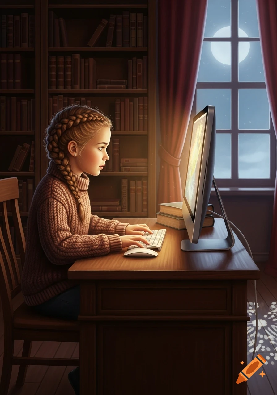 A young girl with braided hair types on a computer at a desk in a cozy library room at night, with a full moon visible outside the window.