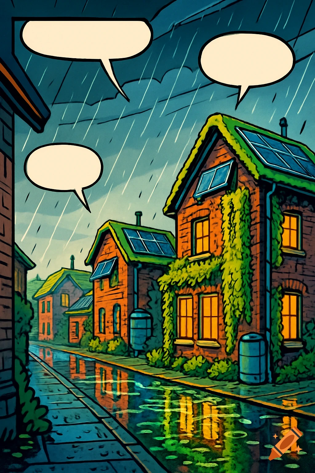 A comic panel illustration of a rainy solarpunk English town with brick houses, solar panels, green gardens, and empty speech bubbles.