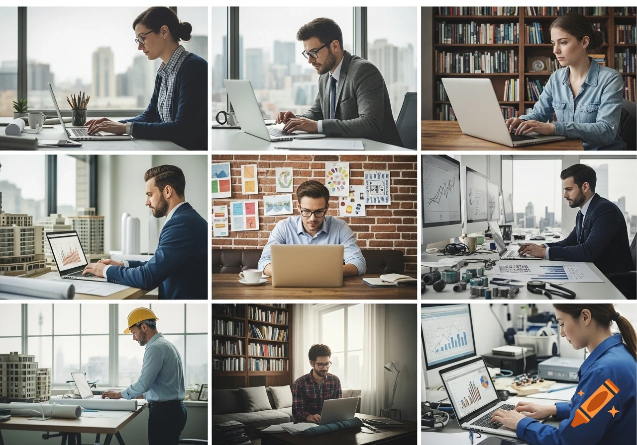 Collage of nine panels showing diverse professionals, including architects and designers, working on laptops in modern office and study settings.