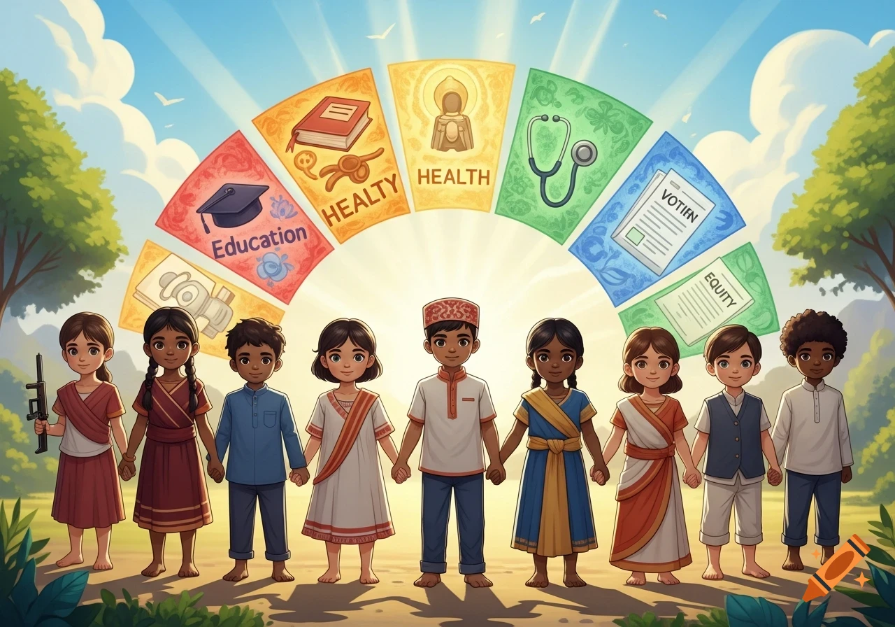 Cartoon children of diverse backgrounds hold hands under an arc of icons and text representing various rights like education and health.