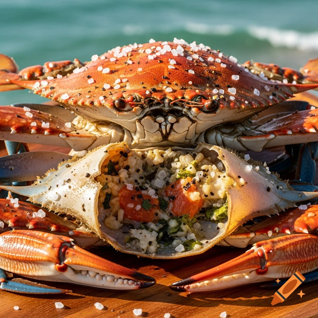 Close-up of a cooked, seasoned, and stuffed blue crab, cracked open on wood, with the ocean in the background.
