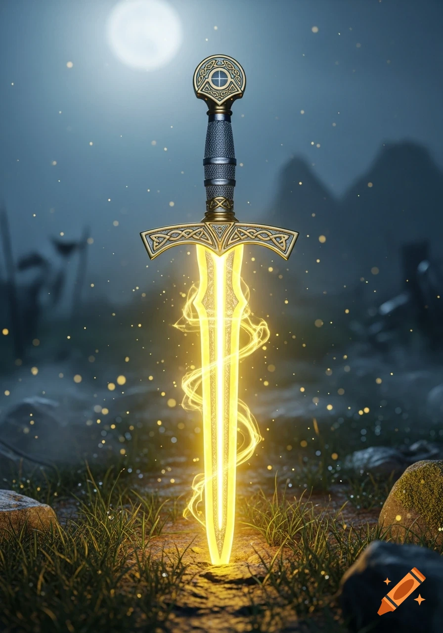 A glowing yellow energy medieval sword stands upright in grassy ground ...