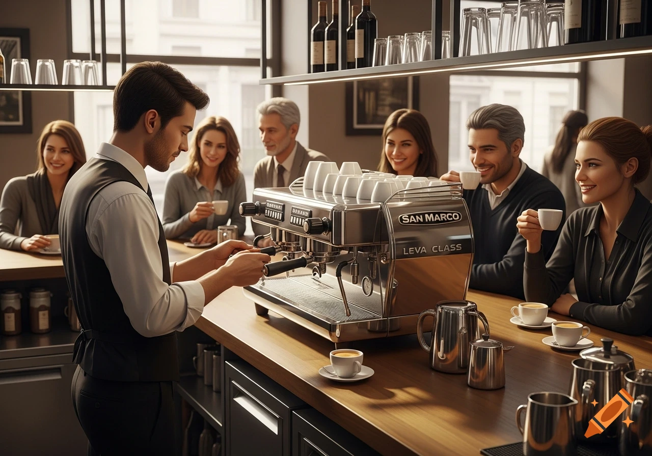 A barista prepares coffee on a San Marco machine for smiling customers at a modern coffee shop counter.