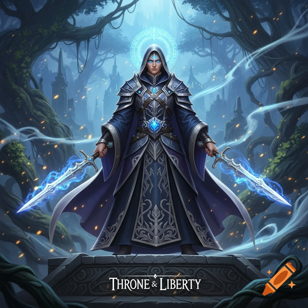 A powerful wizard in blue robes and armor holding two glowing daggers, standing on a stone pedestal in a mystical forest.