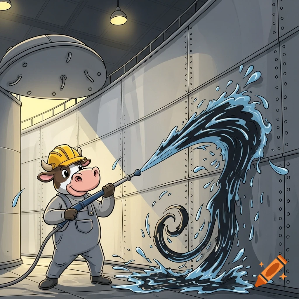 A cartoon cow in grey overalls and a yellow hard hat power washes the inside of a large industrial tank, spraying black water.