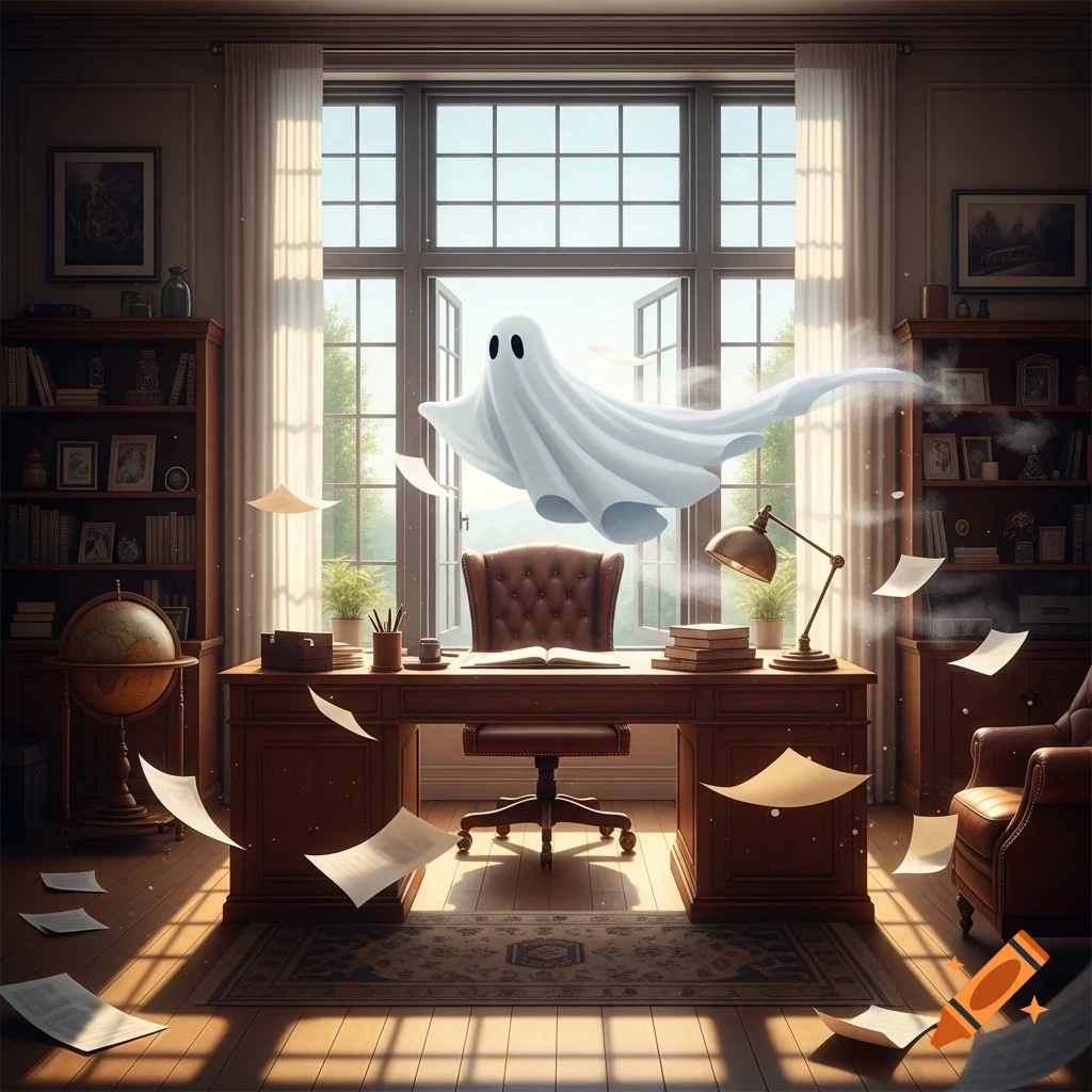 A white sheet ghost flies through a classic office with a large window, scattering papers everywhere.