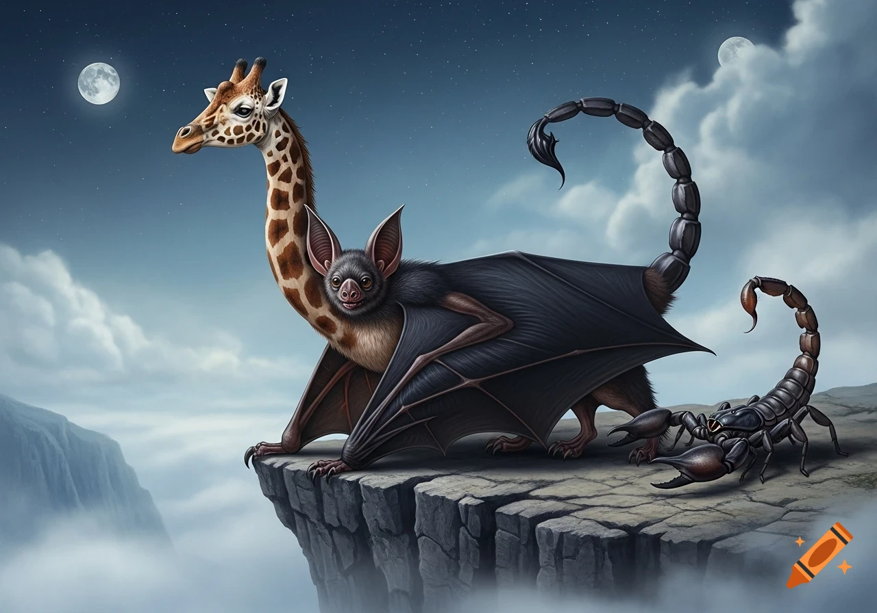 A majestic hybrid creature with a giraffe's head and neck, a bat's body and wings, and a scorpion's tail, stands on a cliff overlooking a misty valley under a moonlit sky. Another scorpion sits nearby.