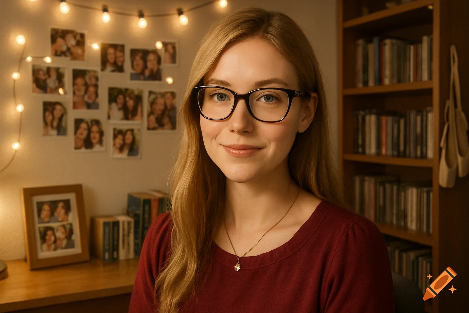 A smiling young woman with long blonde hair and black glasses in a warm, cozy room with fairy lights, photos, and books.