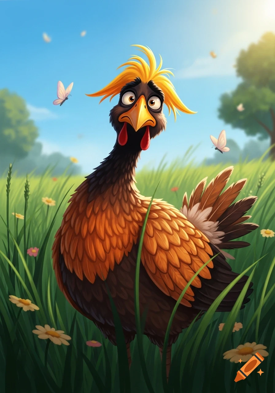 A vibrant cartoon chicken with spiky yellow hair and a skeptical expression stands in a green field with flowers and butterflies.